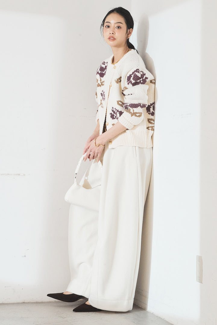 [SET]花柄ジャガードニットカーディガン+ウールタッチカーブワイドパンツ(2set)