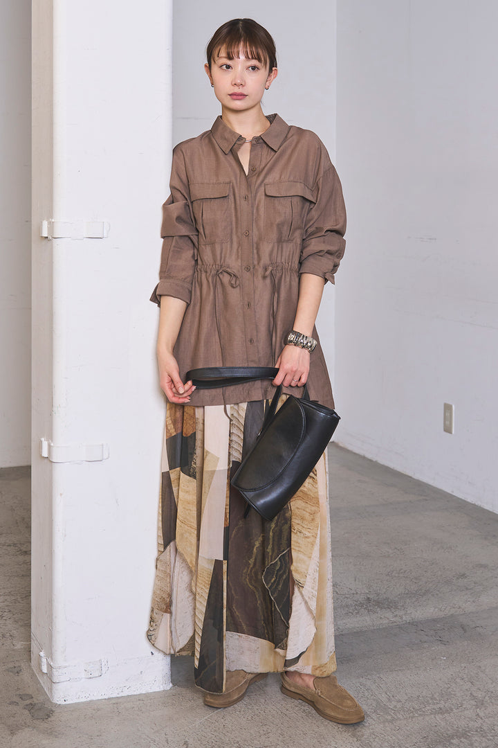 [SET]リネンブレンドシアーサファリシャツ+アートペイント柄スカート(2set)