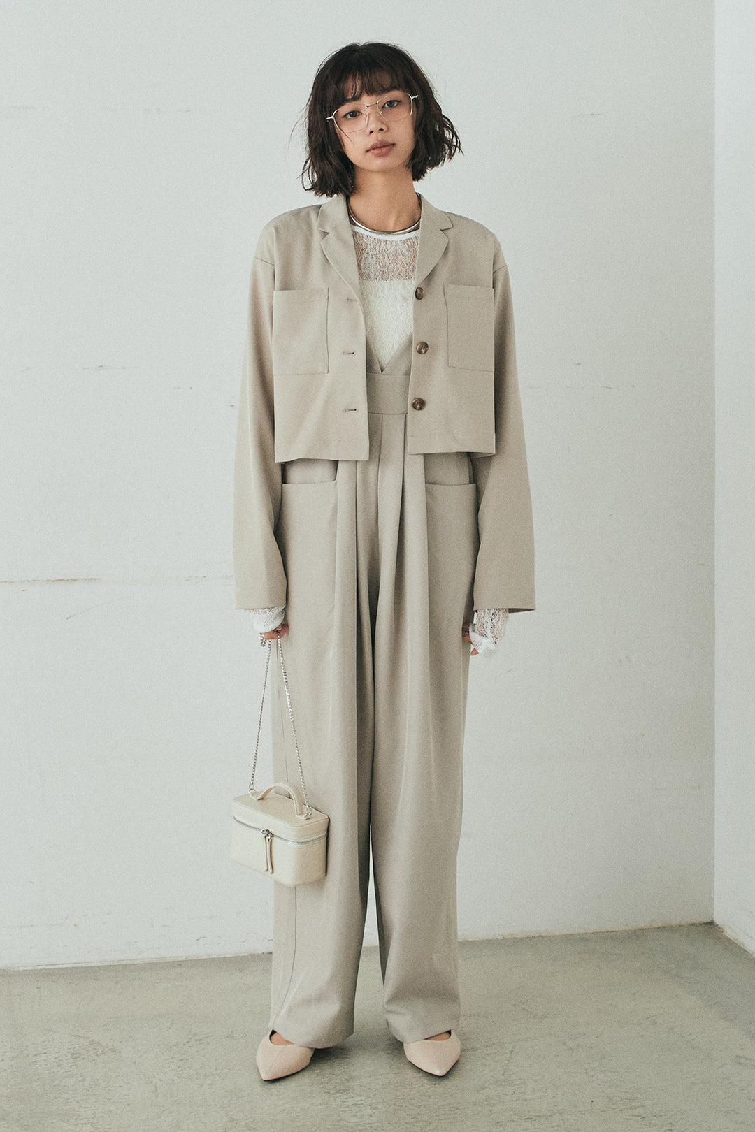 [SET]バックジップデザインショートツイルジャケット+キャミロングオールインワン(2set)