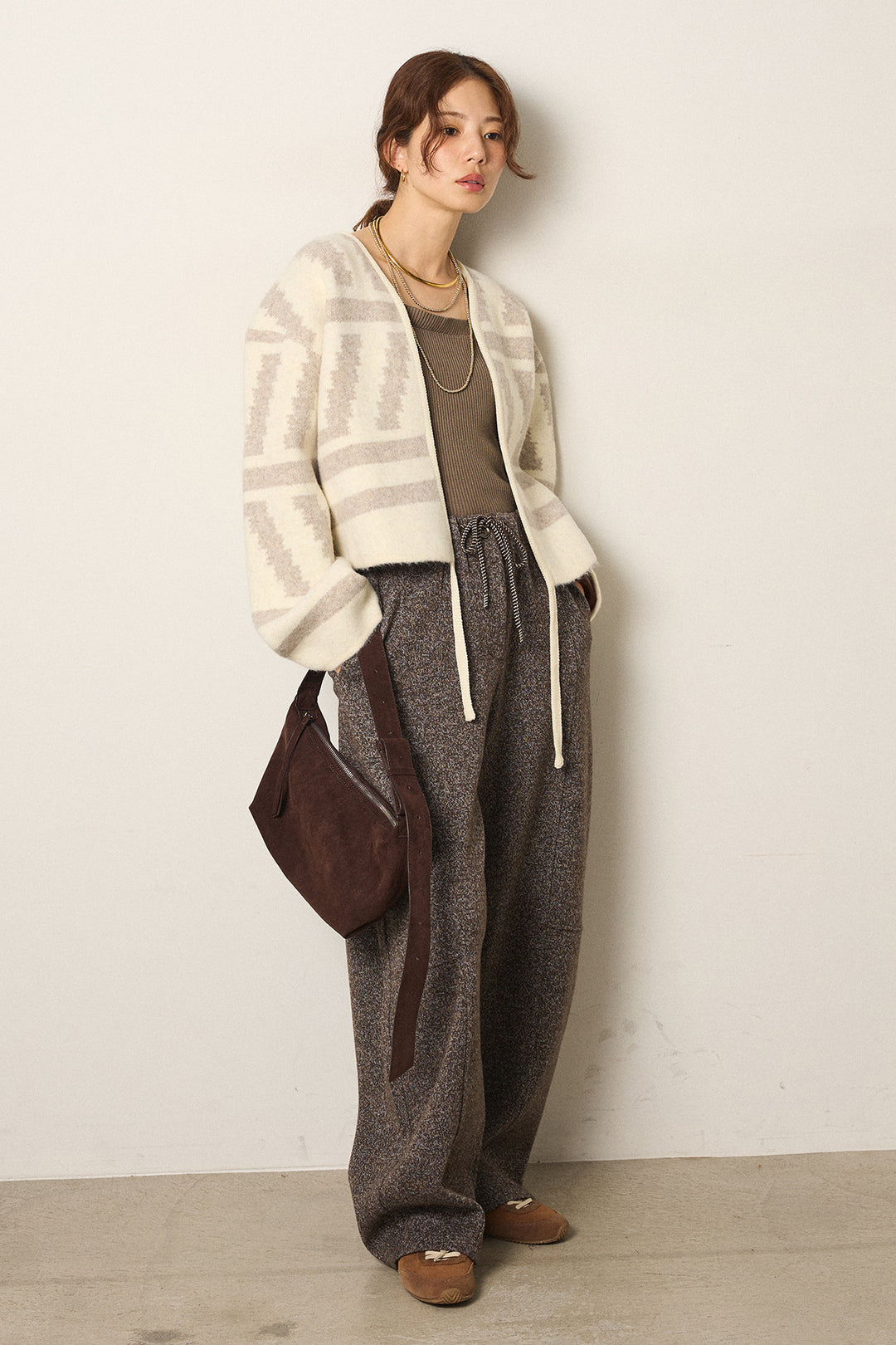 [SET]幾何学柄ノーカラーカーディガン+杢ニットフレアパンツ(2set)