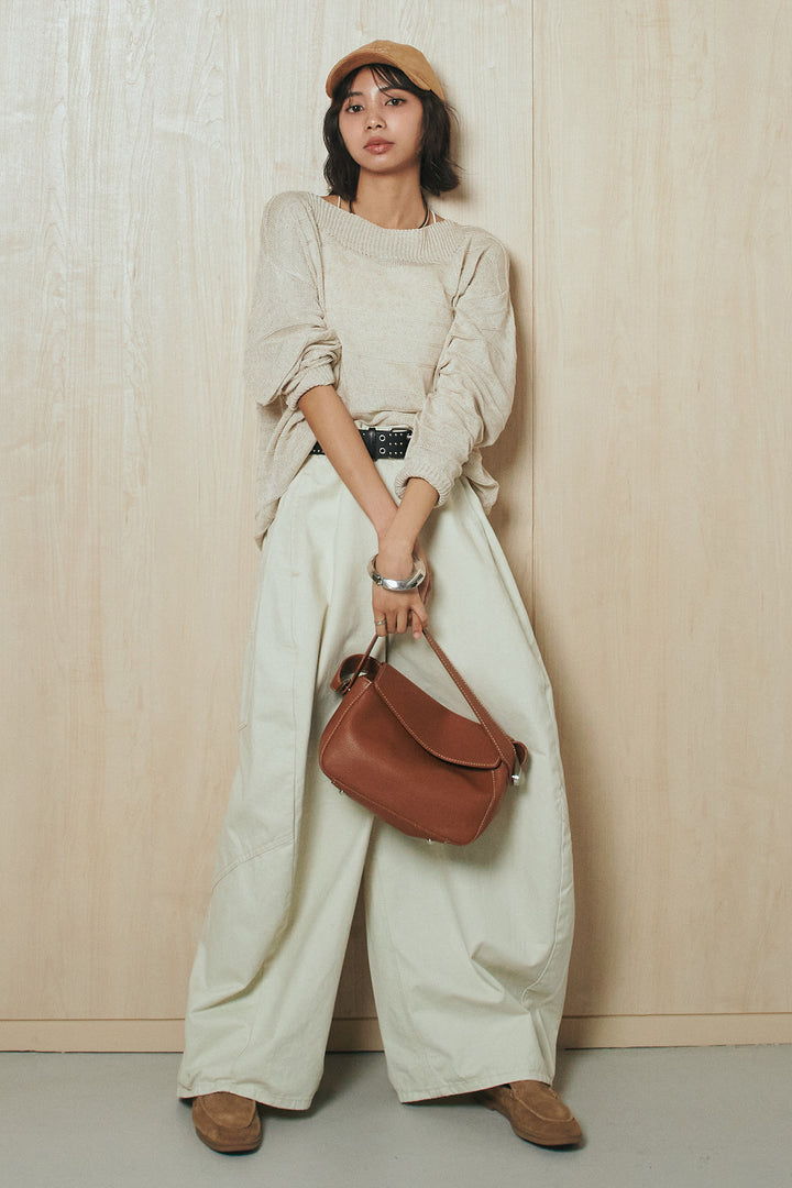 [SET]麻混リラックスニットトップス+ベルト付きカラーデニムパンツ(2set)