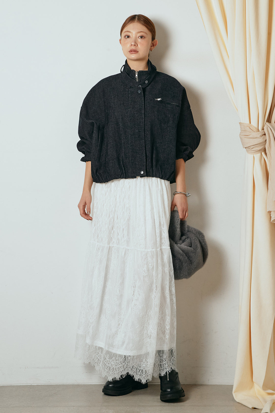 [SET]デニム調ハイネックブルゾン+ひげレース切替ロング丈スカート(2set)