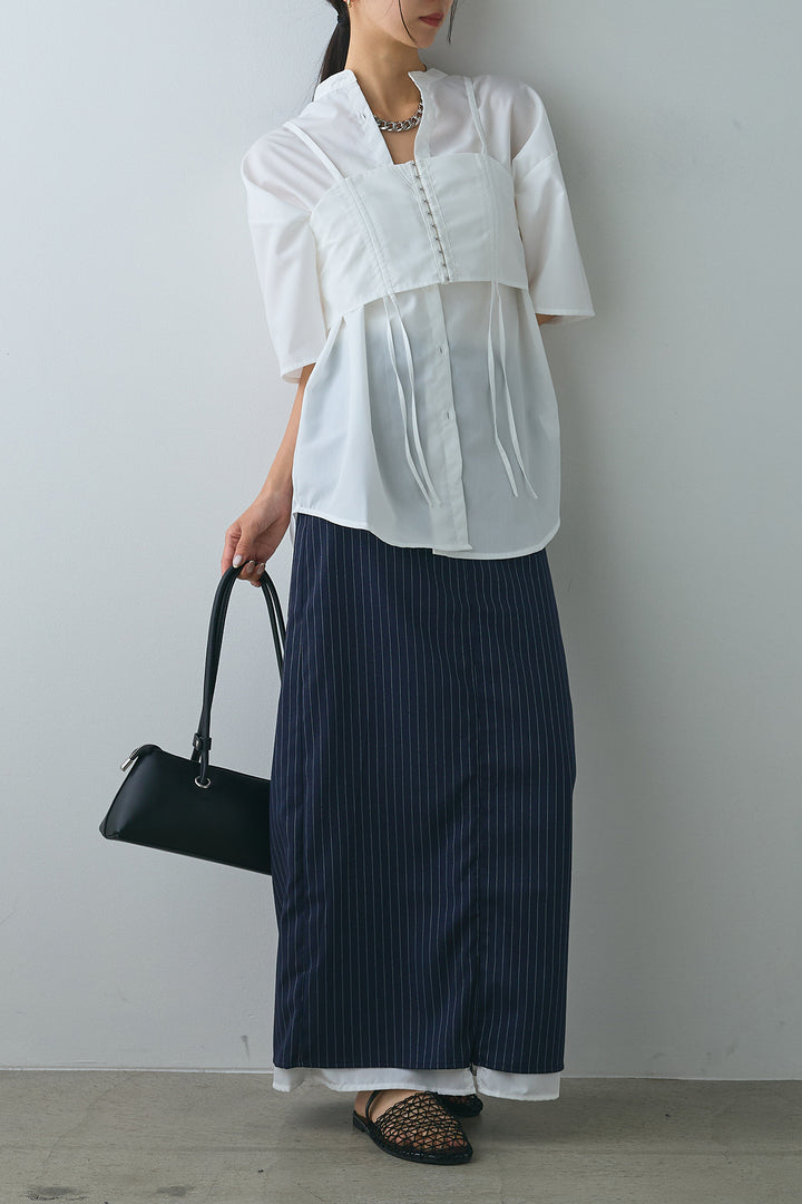 [SET]ホックビスチェ付きバンドカラーシャツ+ストライプストレートスカート(2set)