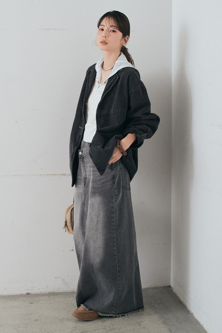 [SET]オーバーデニムジャケット+ウエストクロスデニムタイトスカート+シアーリブフーディプルオーバー(3set)