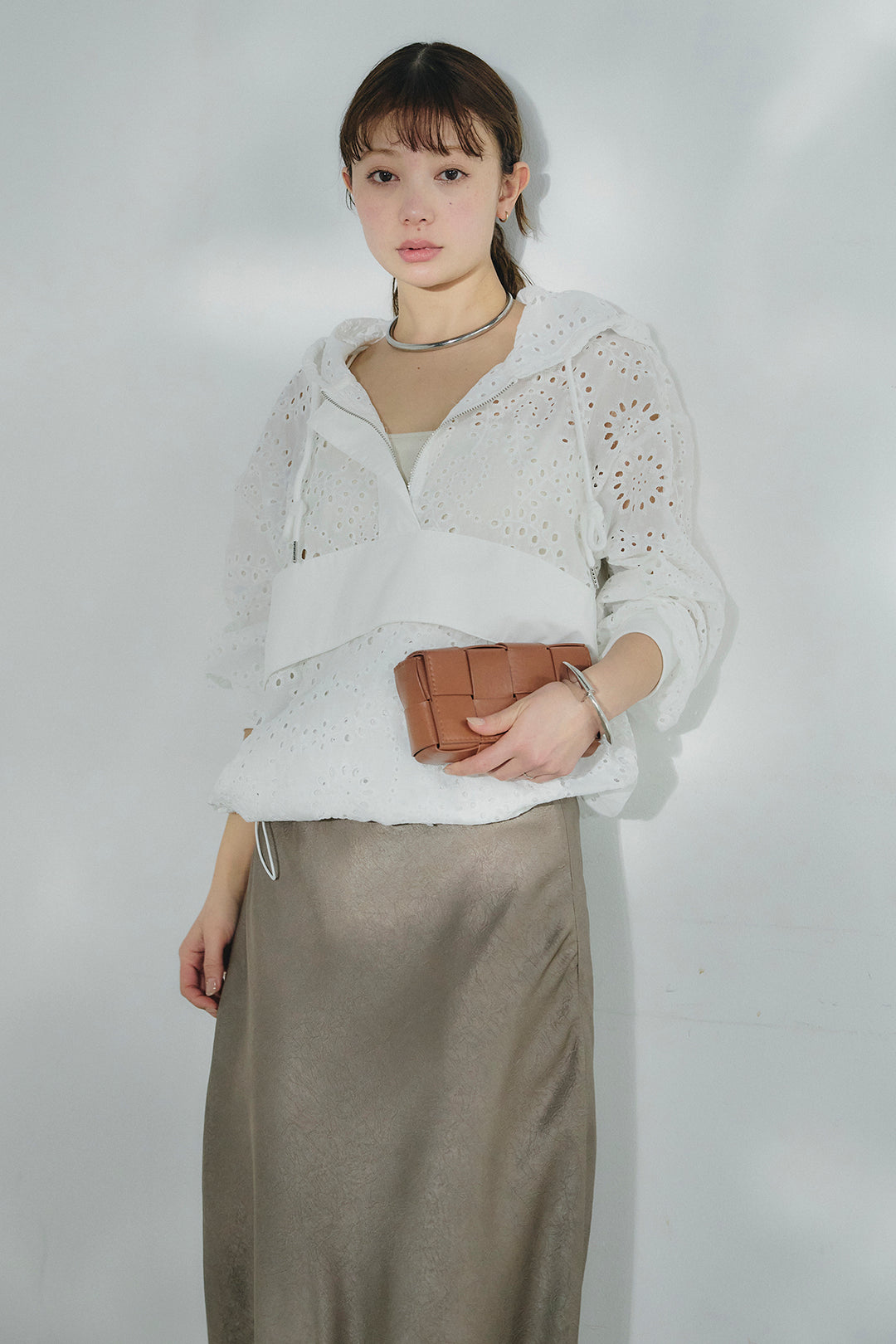 [SET]レースハーフジップアップフーディー+バイアスナローサテンスカート(2set)