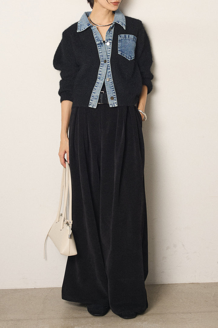 [SET]襟付きデニム切替ニットカーディガン+ベルトループコーデュロイワイドパンツ(2set)