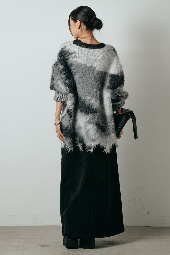 [SET]起毛裾デザインニュアンス柄ニットトップス+エコスウェードワイドスカート(2set)