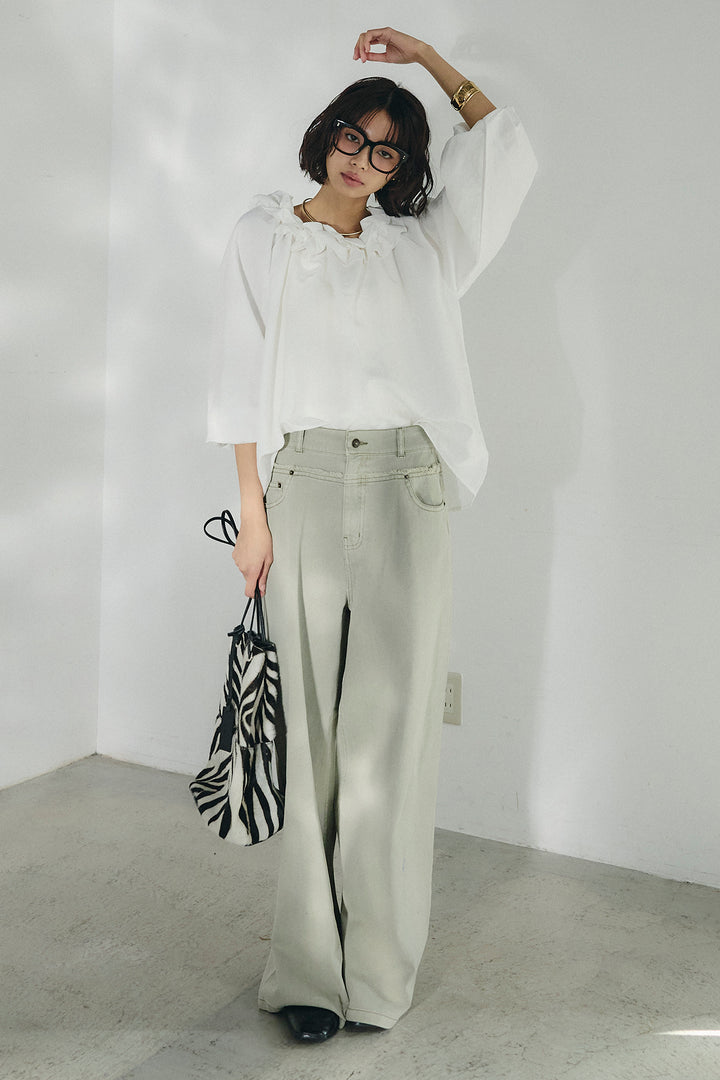 [SET]ネックフリルデザインブラウス+ウエスト裁ち切りデニムワイドパンツ(2set)