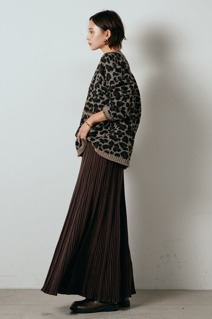 [SET]ステッチデザインレオパードニットカーディガン+リブニットフレアスカート(2set)