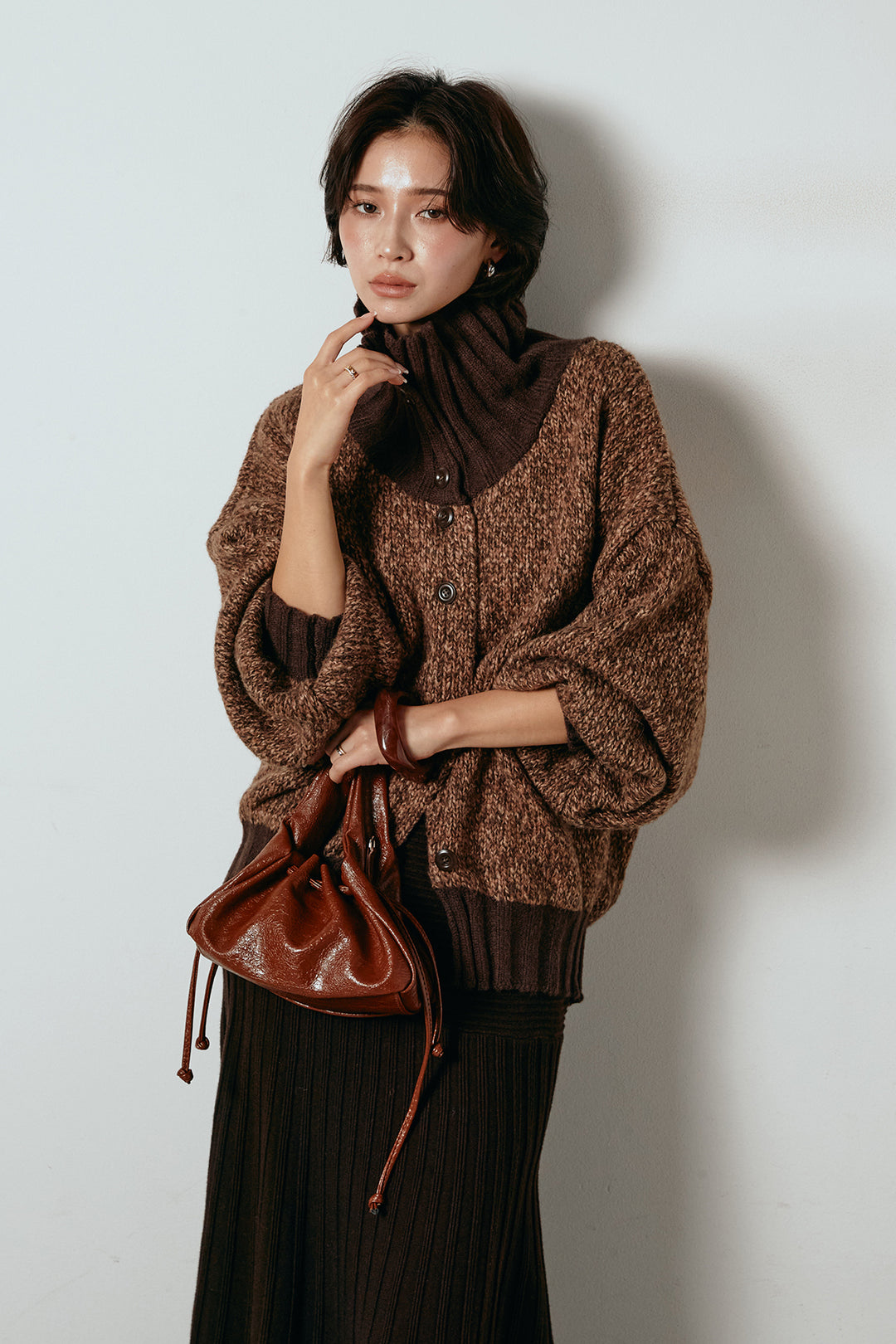 [SET]ハイネックミックスニットカーディガン+編み地切り替えフレアニットスカート(2set)