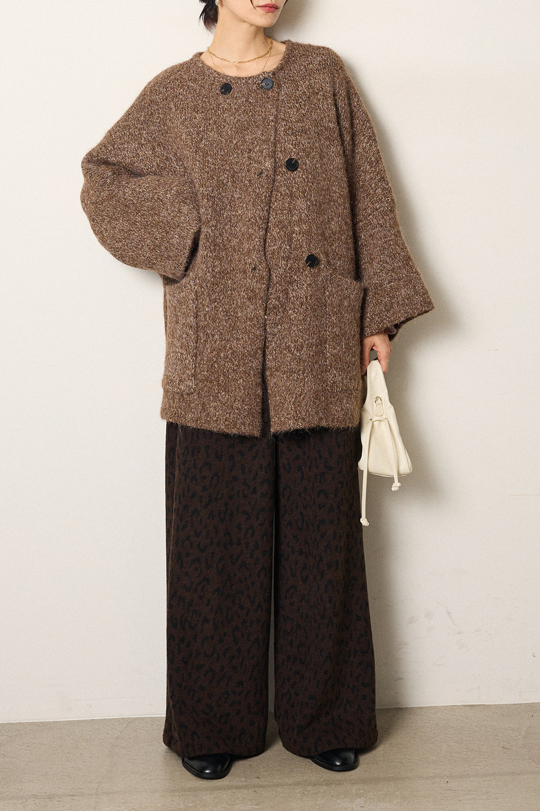 [SET]アシンメトリーボタンニットカーディガン+レオパードジャガードニットパンツ(2set)