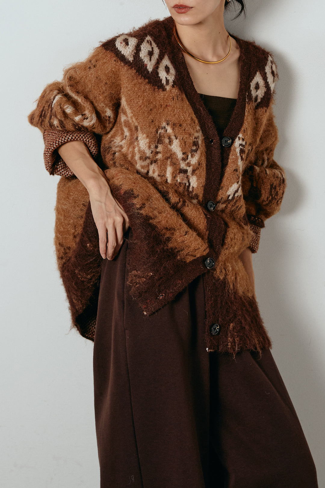 [SET]シャギーニュアンス柄ニットカーディガン+裏起毛スウェットワイドパンツ(2set)