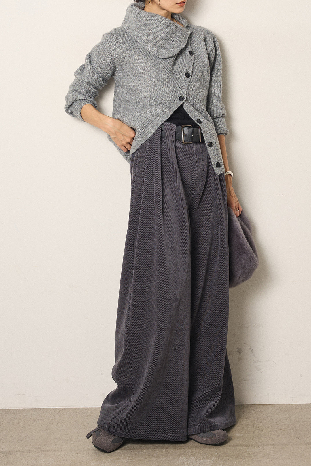 [SET]ボタンデザインネックニットプルオーバー+ベルトループコーデュロイワイドパンツ(2set)