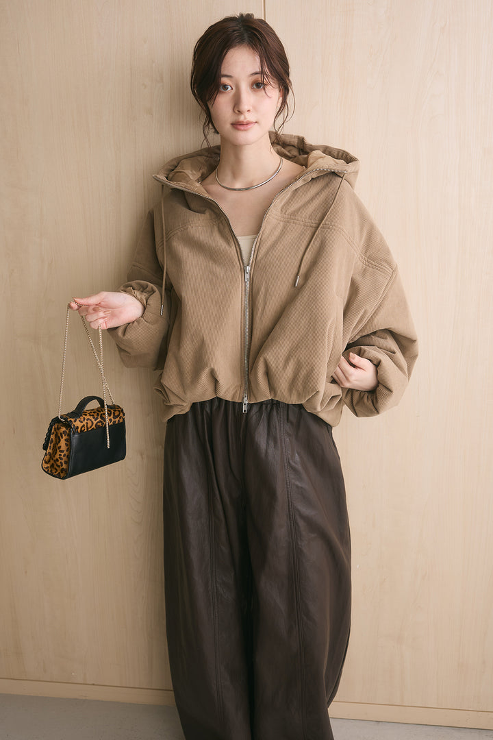 [SET]コーデュロイフーディバルーンブルゾン+フェイクレザーカーブワイドパンツ(2set)