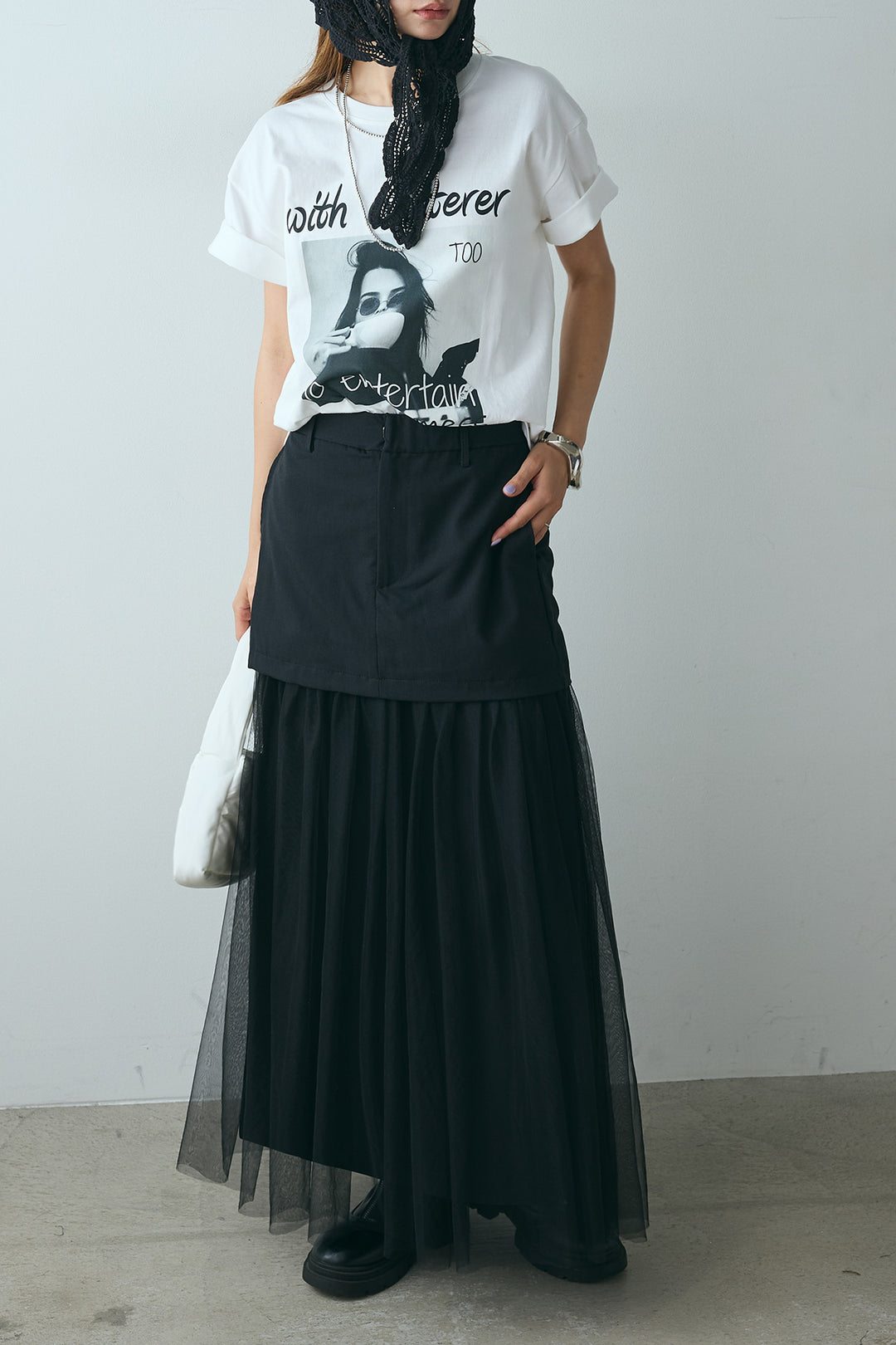 [SET]モノトーンフォトプリントTシャツ+切り替えデザインボリュームチュールスカート(2set)