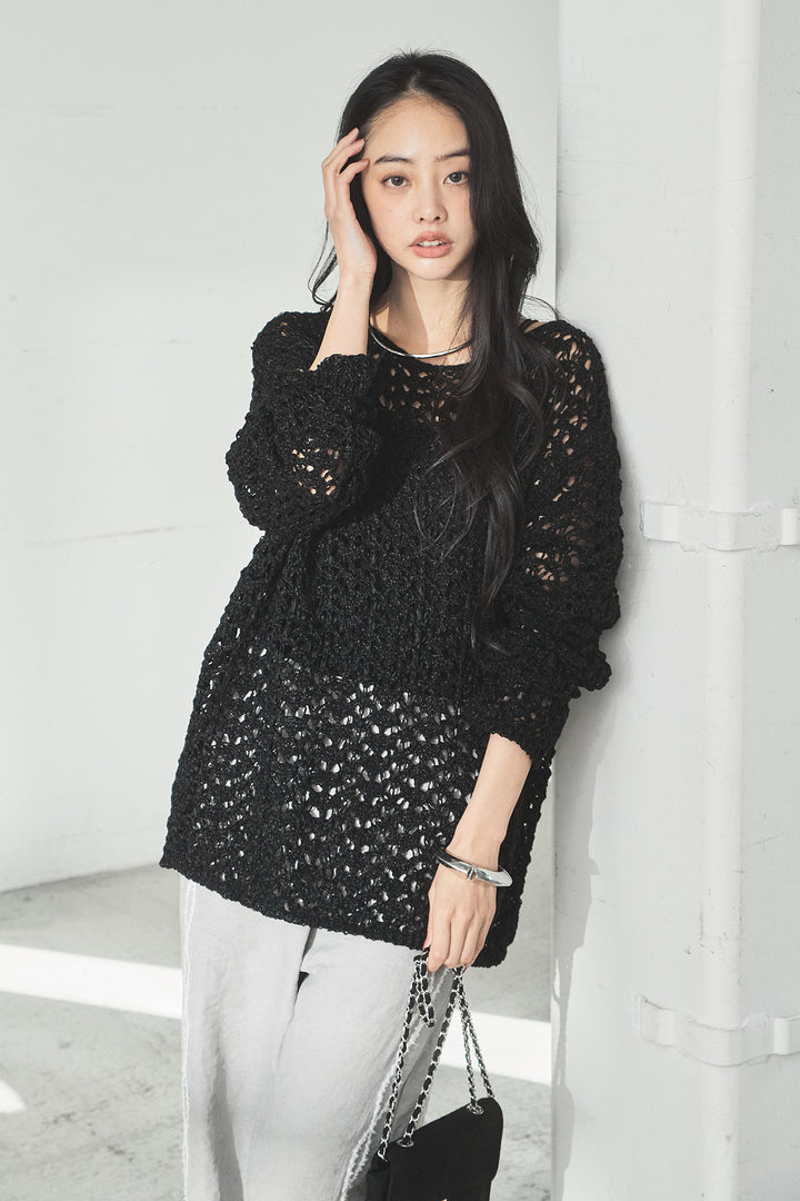 [SET]リラックスメッシュニットトップス+刺繡テープラインパンツ(2set)