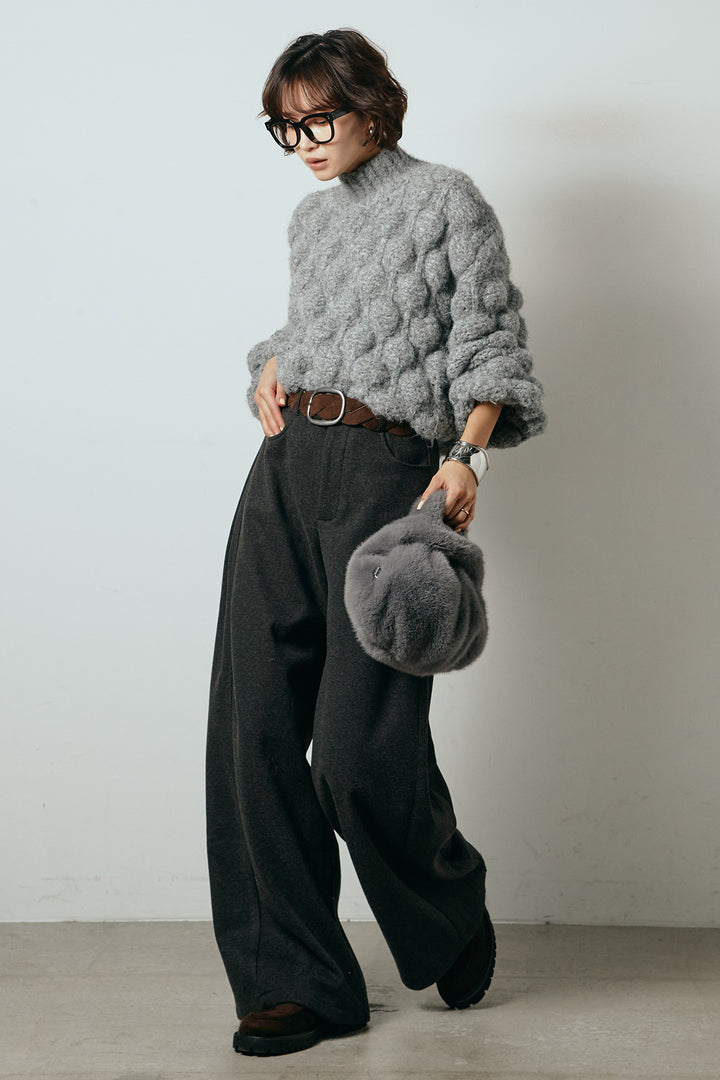 [SET]ボリュームポップコーンニットトップス+編みベルト付きワイドパンツ(2set)