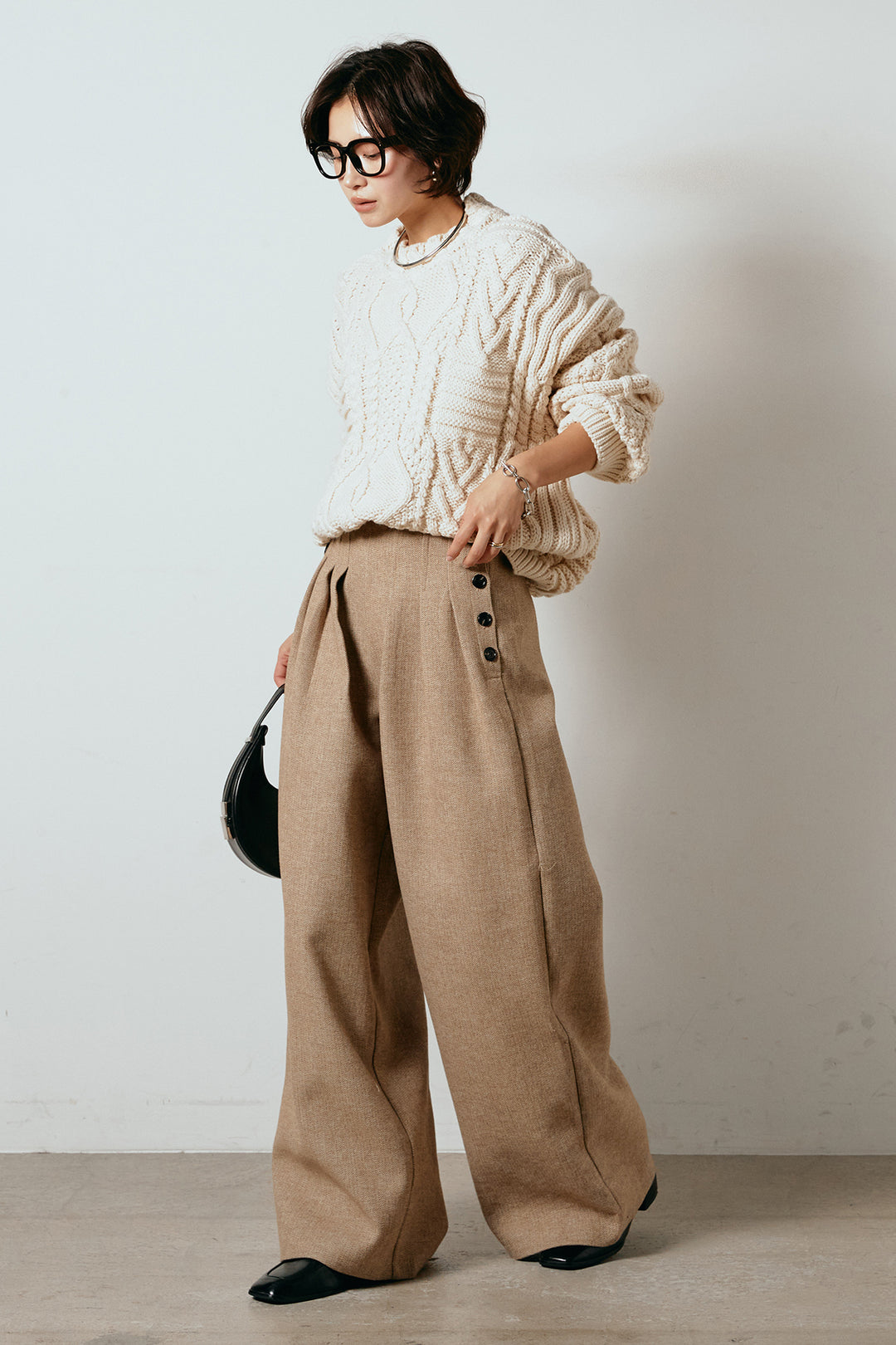 [SET]アラン柄ミックスケーブルニット+サイドボタンツイードタックパンツ(2set)