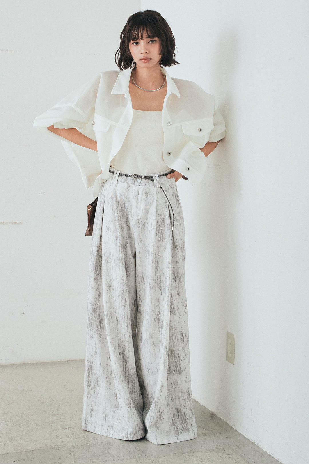 [SET]シアーダンボールサイドドロストジャケット+紐ベルト付きかすれ柄ワイドスラックス(2set)