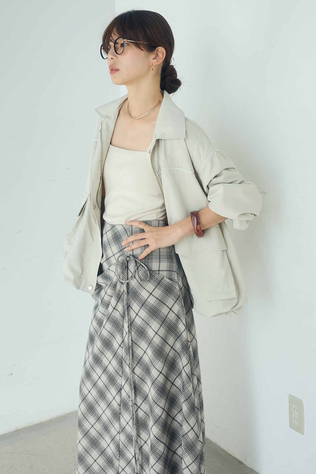 [SET]合繊ツイルバルーンジャケット+タータンチェック柄フロントデザインスカート(2set)