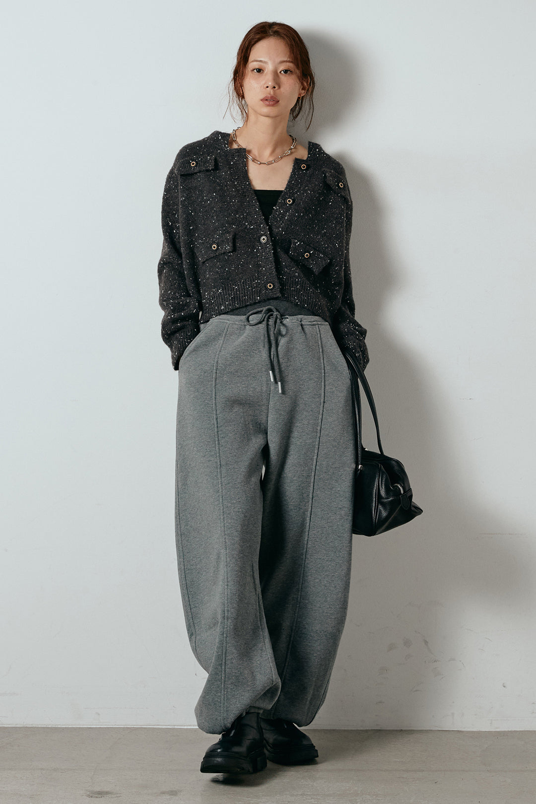 [SET]ネップニットカーディガン+スウェットワイドカーブパンツ(2set)