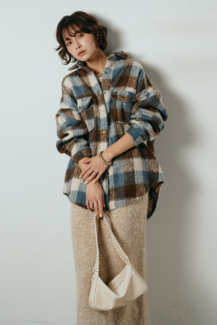[SET]起毛チェック柄ポケットアウター+起毛ノースリーブニットロングワンピース(2set)