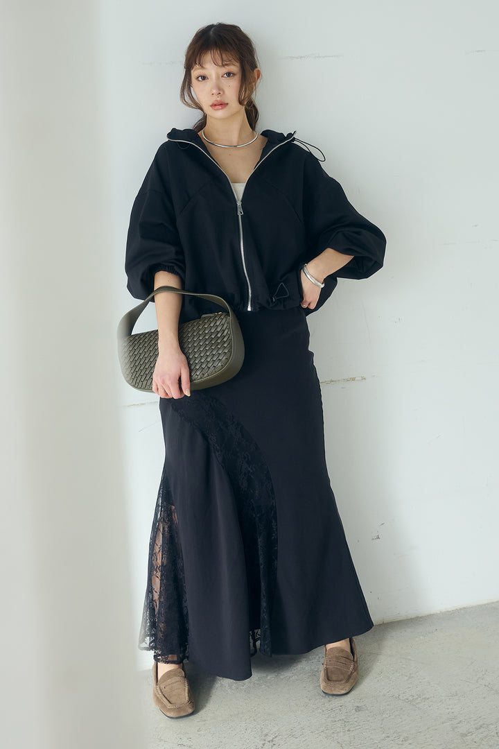[SET]ネック裾絞りブルゾンアウター+刺繍レースデザインサテンスカート(2set)
