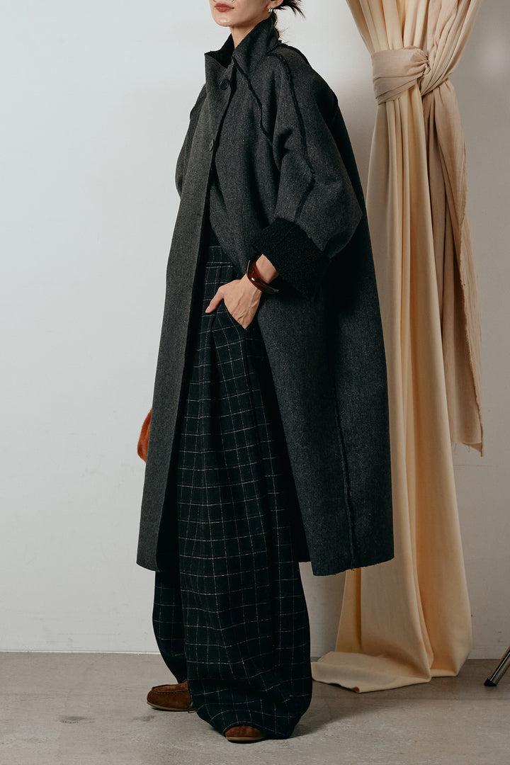 [SET]裏地ボアハイネックロングアウター+ウールライクチェックタックパンツ(2set)
