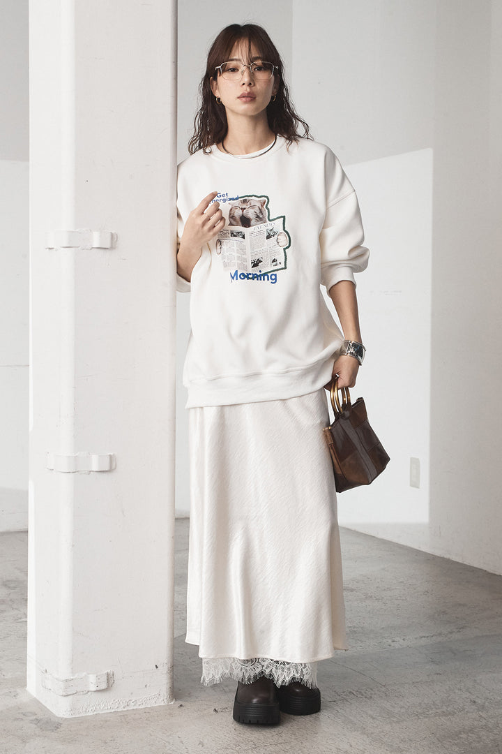 [SET]裏起毛モーニングキャットプリントスウェット+裾レースデザインサテンスカート(2set)