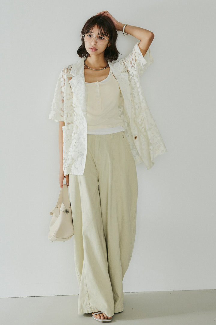 [SET]シアージャガードハーフスリーブテーラードジャケット+サイドベルトカーブワイドパンツ(2set)