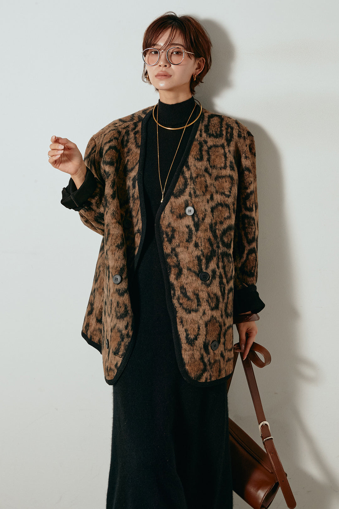 [SET]ノーカラーレオパード柄アウター+ノースリーブニットロングワンピース(2set)