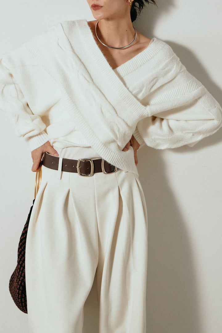 [SET]ケーブルカシュクールニットトップス+フェイクレザー太ベルト付きタックワイドパンツ(2set)