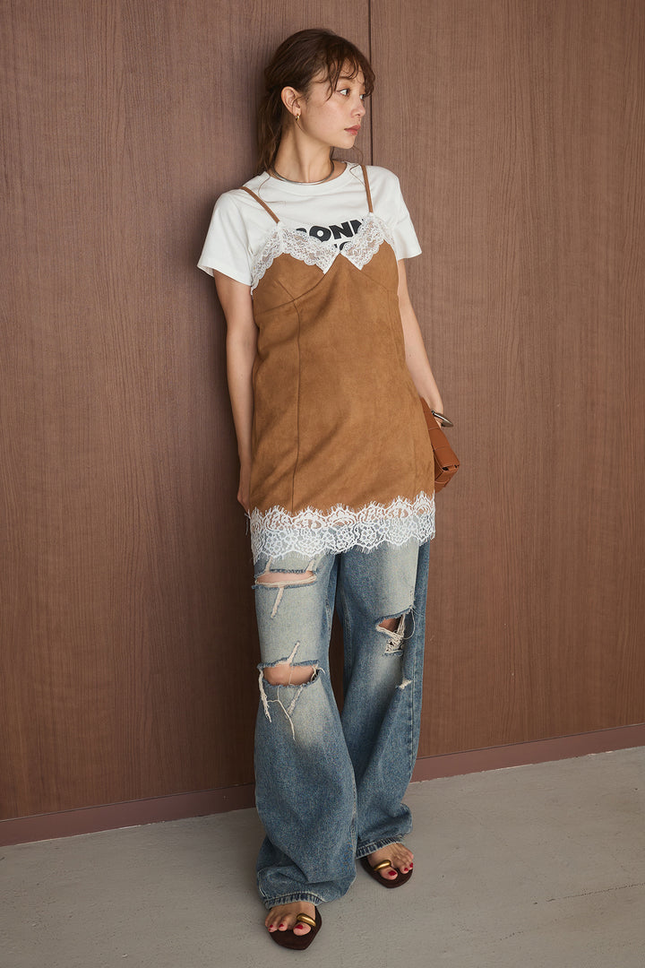 [SET]半袖ロゴプリントTシャツ+スエードレースキャミチュニック+ダメージバレルデニム(3set)
