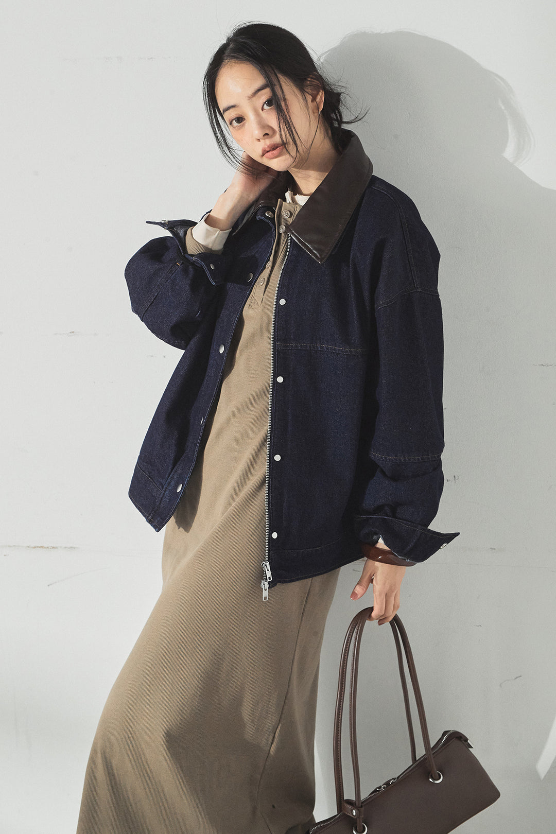 [SET]加工デニムレザー襟付きデニムブルゾン+カットリブレイヤードヘンリーネックワンピース(2set)