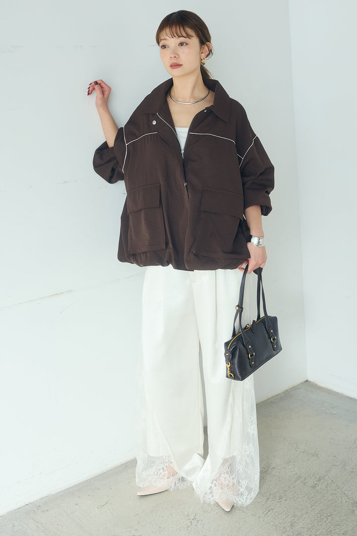 [SET]合繊ツイルバルーンジャケット+サテンレース切り替えタックパンツ(2set)