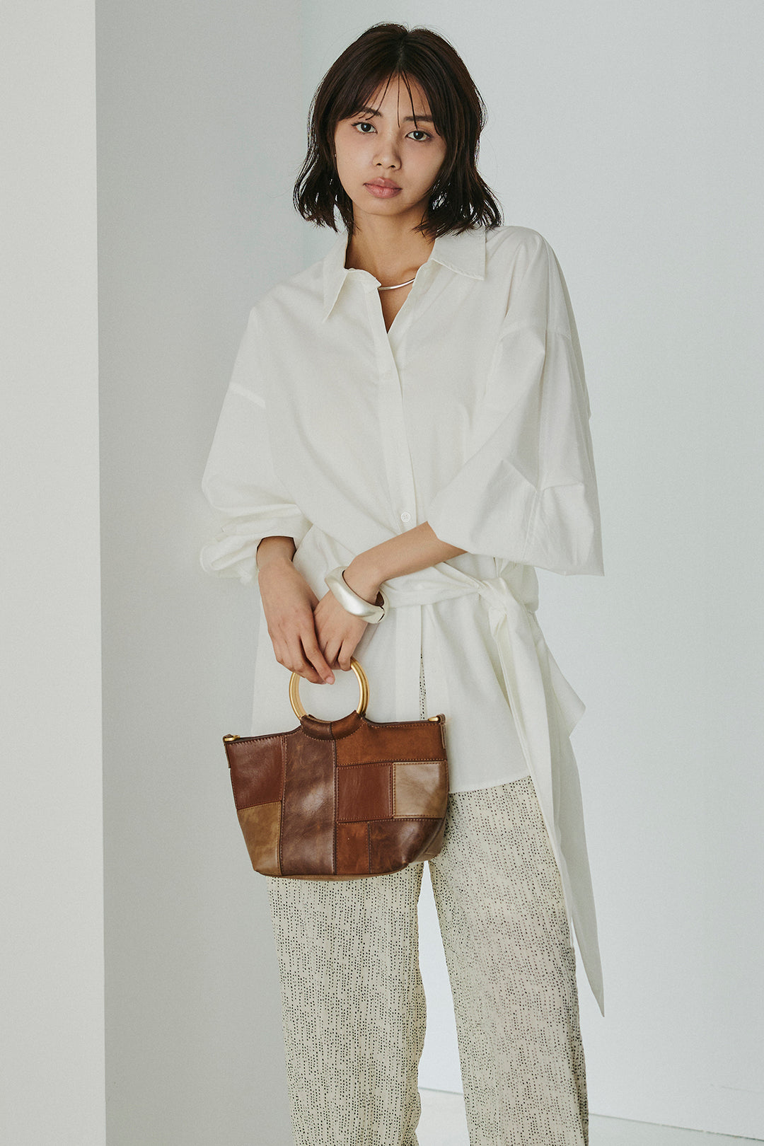 [SET]襟付き巻きデザインシャツ+シアーランダムドットラフパンツ(2set)