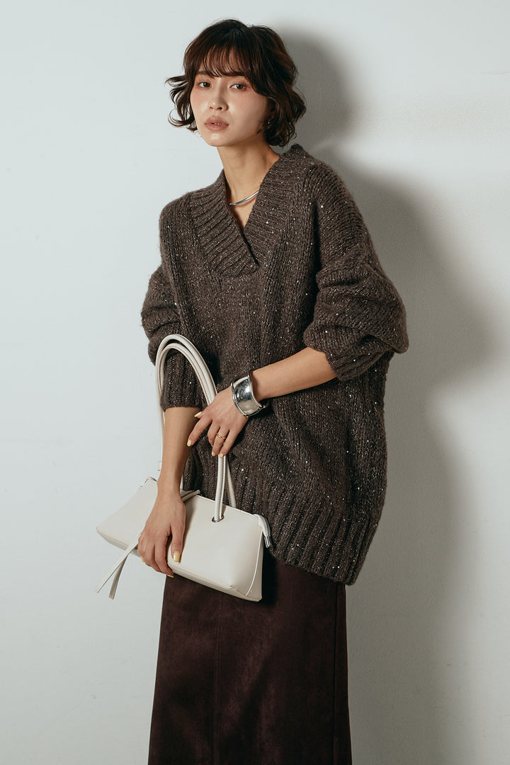 [SET]Vネックラメニットトップス+スウェードライク裾フリンジスカート(2set)