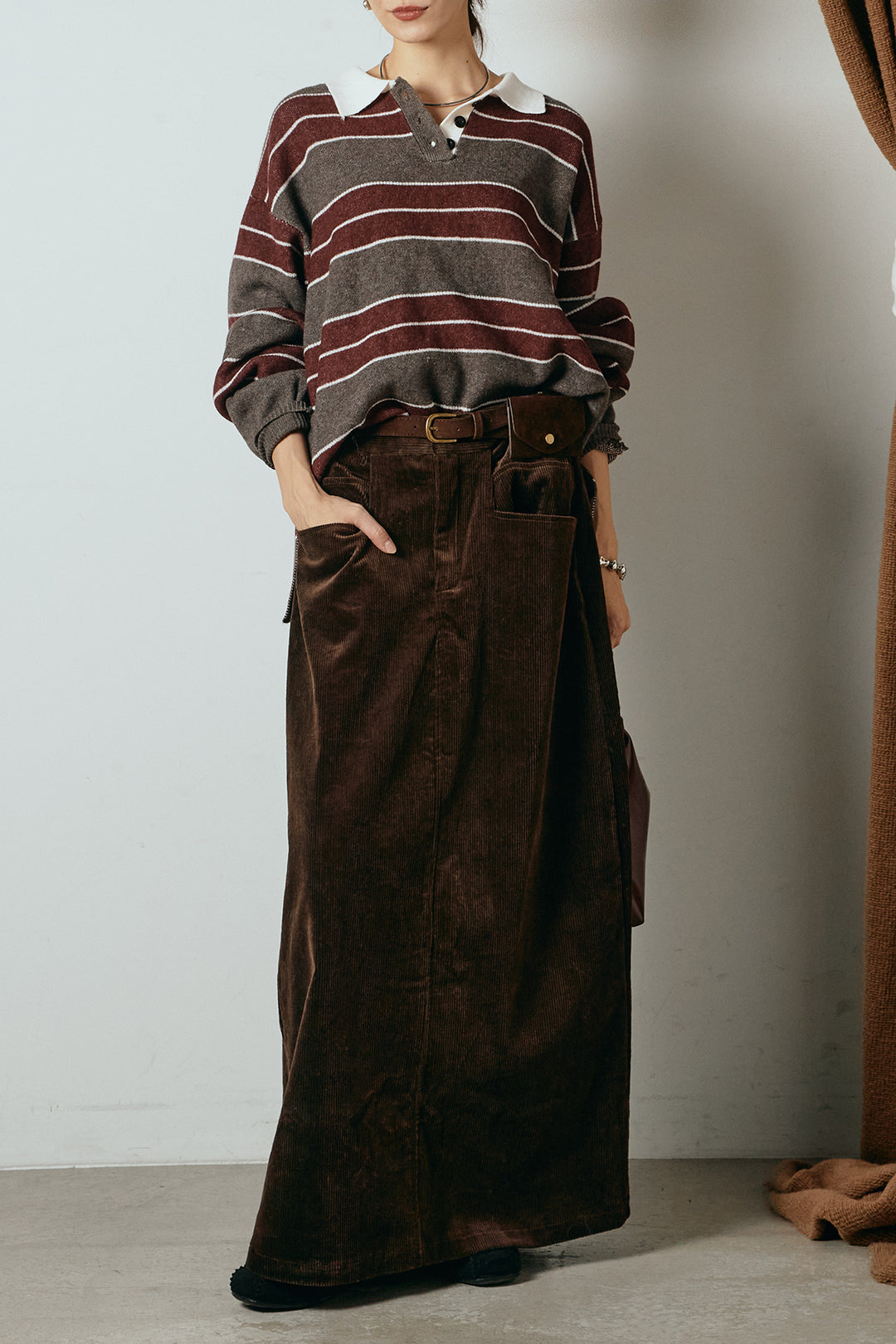 [SET]ラガーニットボーダーポロプルオーバー+ポーチベルト付きコーデュロイワイドスカート(2set)