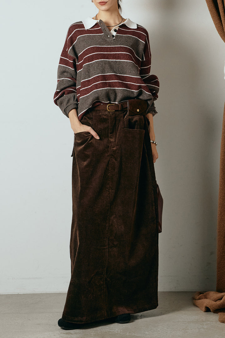 [SET]ラガーニットボーダーポロプルオーバー+ポーチベルト付きコーデュロイワイドスカート(2set)