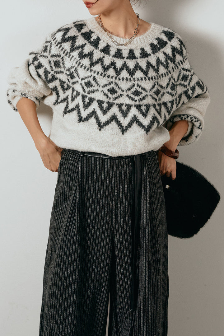 [SET]ノルディック柄Uネックプルオーバー+レザーライク配色ストライプパンツ(2set)