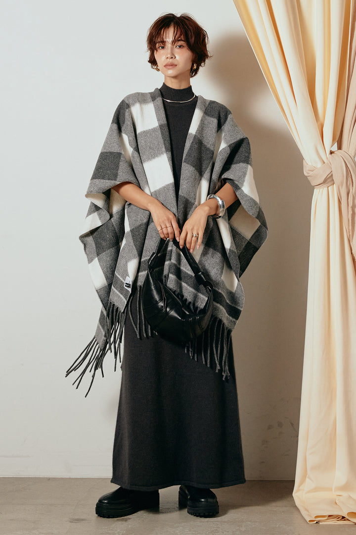 [SET]裾フリンジ柄ポンチョアウター+ノースリーブニットロングワンピース(2set)