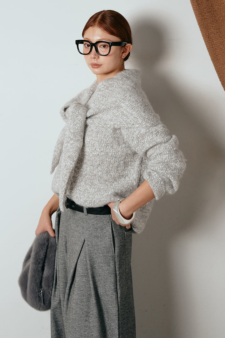 [SET]スカーフ付きミックスニットトップス+細ベルト付き起毛タックワイドパンツ(2set)