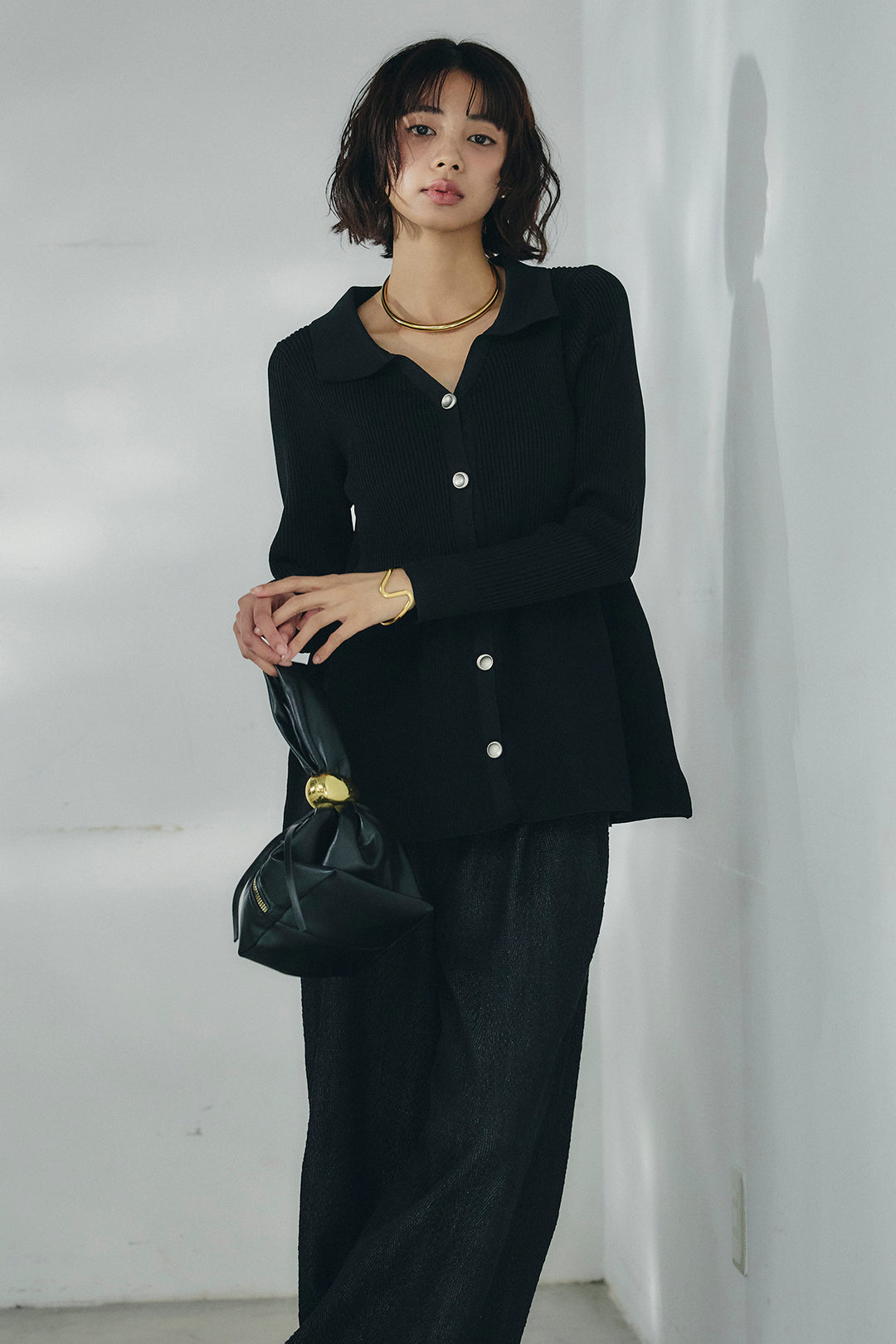 [SET]スキッパーペプラムニット+デニムライクヘリンボーンタックパンツ(2set)