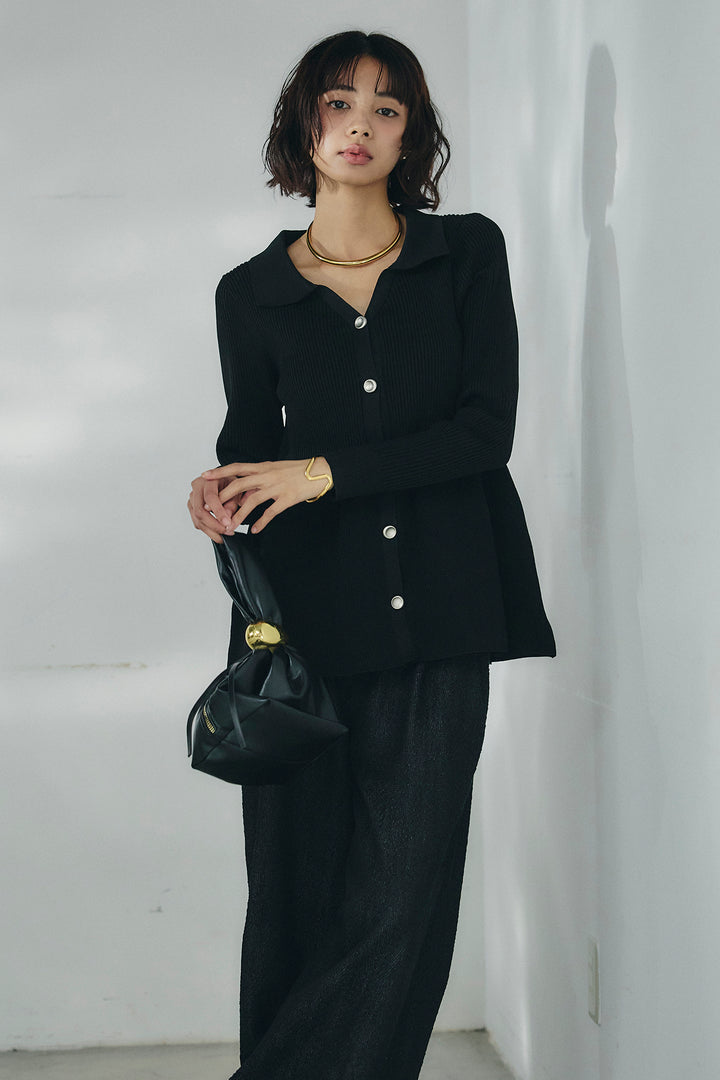 [SET]スキッパーペプラムニット+デニムライクヘリンボーンタックパンツ(2set)