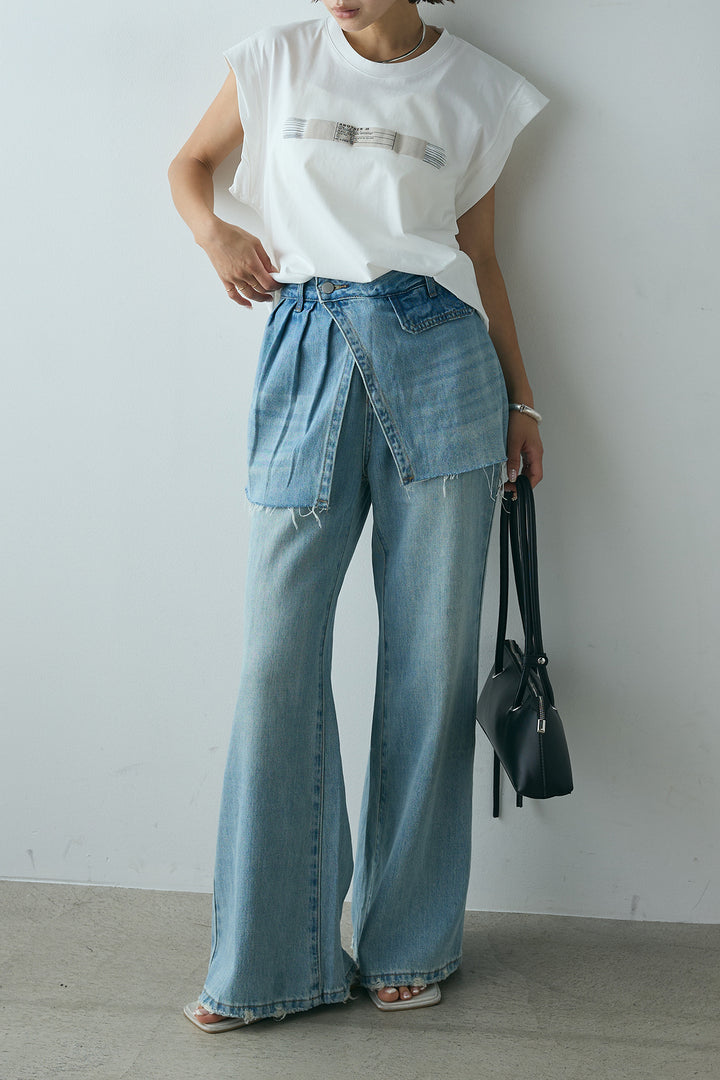 [SET]英字デザインノースリーブTシャツ+レイヤードデニムパンツ(2set)