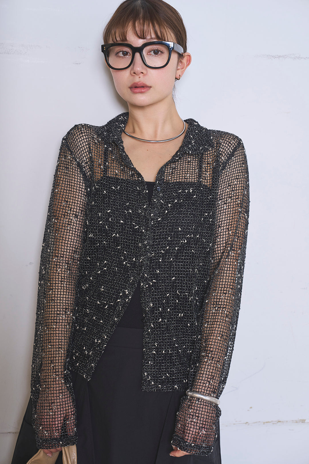 [SET]ネップメッシュポロ襟カーディガン+ラップレイヤードアシンメトリーデザインスカート(2set)