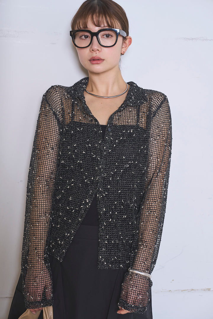 [SET]ネップメッシュポロ襟カーディガン+ラップレイヤードアシンメトリーデザインスカート(2set)