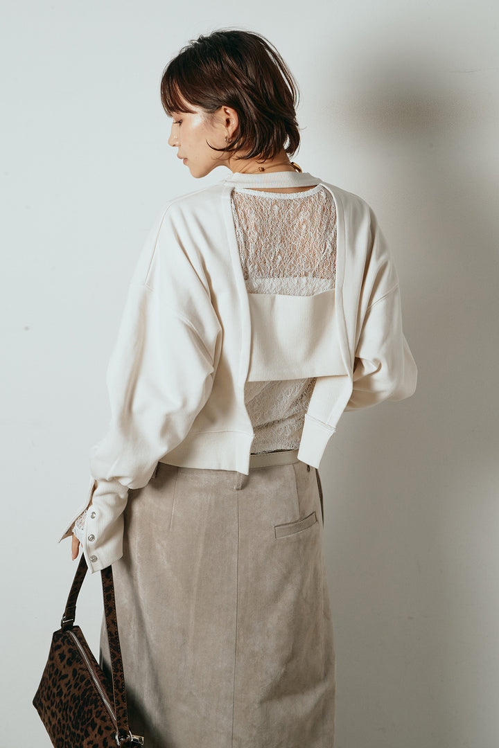 [SET]裏毛バックオープンプルオーバー+エコスウェードワイドスカート+ストレッチレースクルーネックインナー(3set)