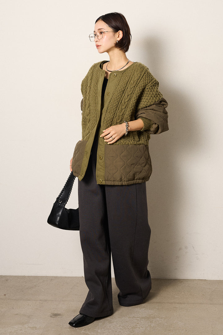 [SET]アラン編みニットノーカラー裾キルティングブルゾン+裏起毛スウェットワイドパンツ(2set)