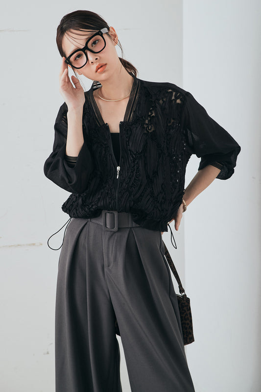 [SET]モチーフ付きシアーブルゾン+ベルト付きツータックワイドパンツ+ベルト付きツータックワイドパンツ(3set)